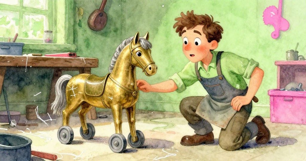 Ned在昏暗的修理鋪中,彎腰伸手從工作台下解放一隻帶有粉筆痕跡的銅製玩具馬,充滿期待與驚喜。