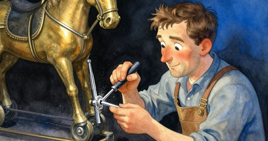 Ned用螺絲起子撬開卡住軸心的玩具馬,臉上流露出掙扎與決心,細節豐富,燈光營造出緊張氛圍。