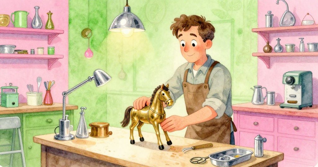 Ned將解放後的玩具馬放置於工作台上,神情平靜滿足,修理鋪中環境細膩溫馨,展現結局與新希望。