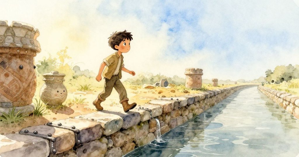 Quinn穿著實用服裝沿石堤行走，仔細觀察不整齊鐵釘與流水，晨光映襯背景，展現探險初始情景。