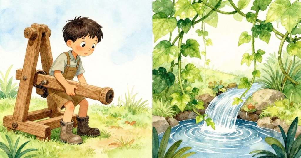 Quinn專注操作老槓杆，同時觀察旁邊藤蔓輕拂流水，左右分割畫面展現故事發展關鍵時刻。