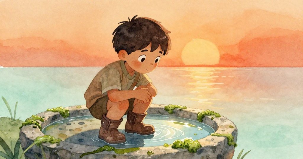 Quinn蹲在舊水槽前檢查藻圈與水漬，光線變化映襯環境，呈現時間流逝與發現微妙改變情景。