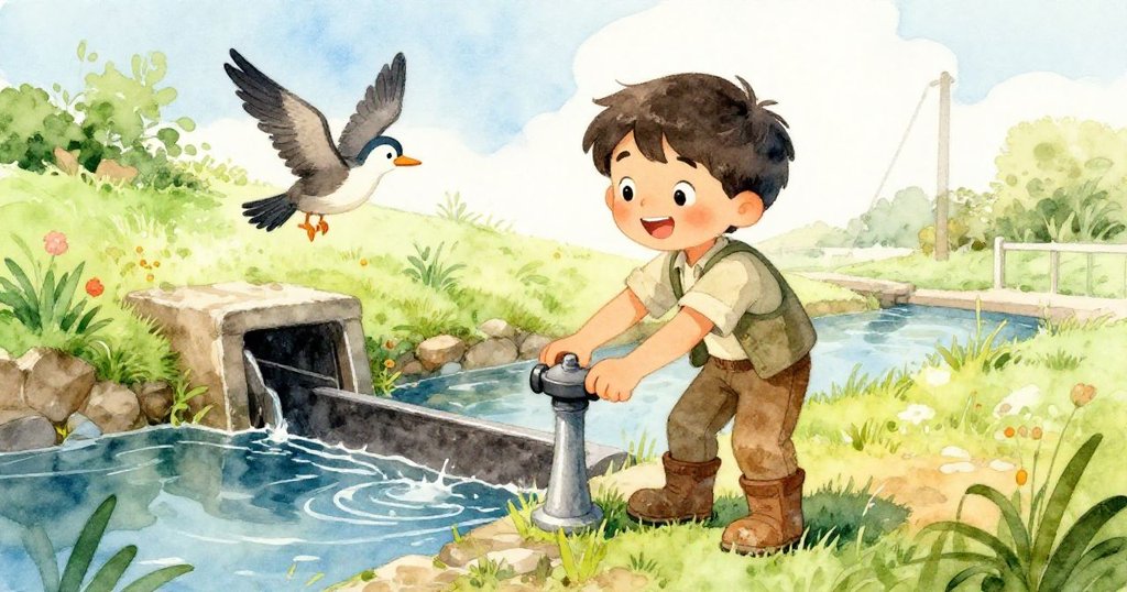 Quinn調整水閘杆時，一隻好奇水鳥飛近陪伴，臉上洋溢著溫柔笑容，展現自然與探索成功喜悅。