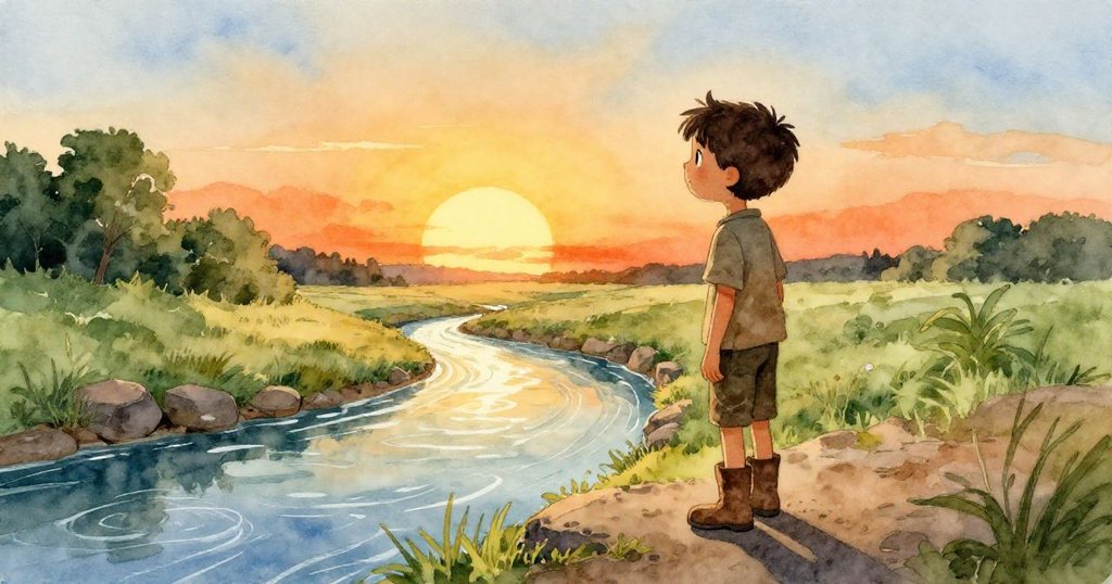 Quinn於落日餘暉中凝視彎曲流水，石板堅定不移，溫暖光線映襯離場，呈現故事結尾平靜滿足感。