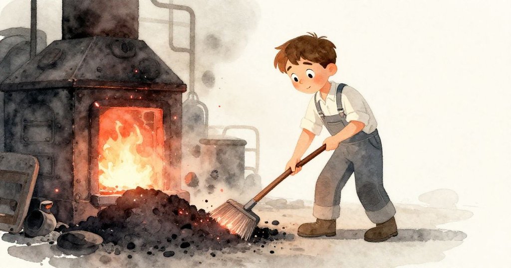 布雷克在工廠內揮動掃帚清掃發光礦渣，熔爐火光映照下，他神情堅定，環境充滿工業魅力。