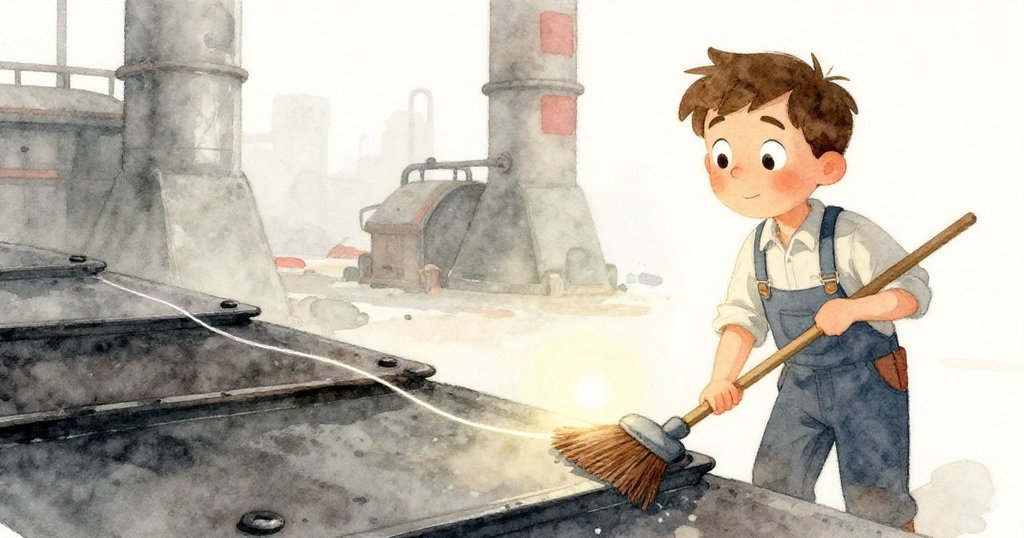 布雷克在工廠內停下動作，好奇地注視著飄揚的柔絲，亮光在黑鐵板上跳舞，充滿神秘魔幻感。