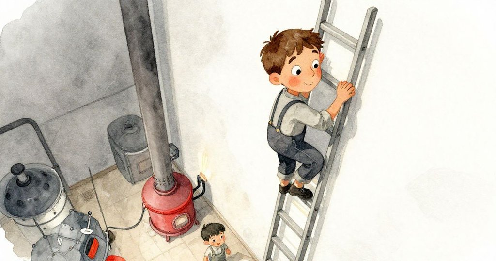 布雷克小心攀爬狹窄梯子，背對熔爐牆散發溫暖，每一步都充滿專注與隱約危險感。