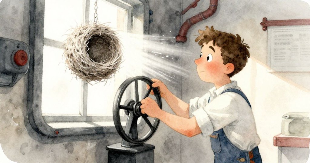 布雷克專注調整窗扳，打開玻璃迎入清涼日光，光線掠過貓道，動感中展現細緻絲網與小窩奇妙景象。