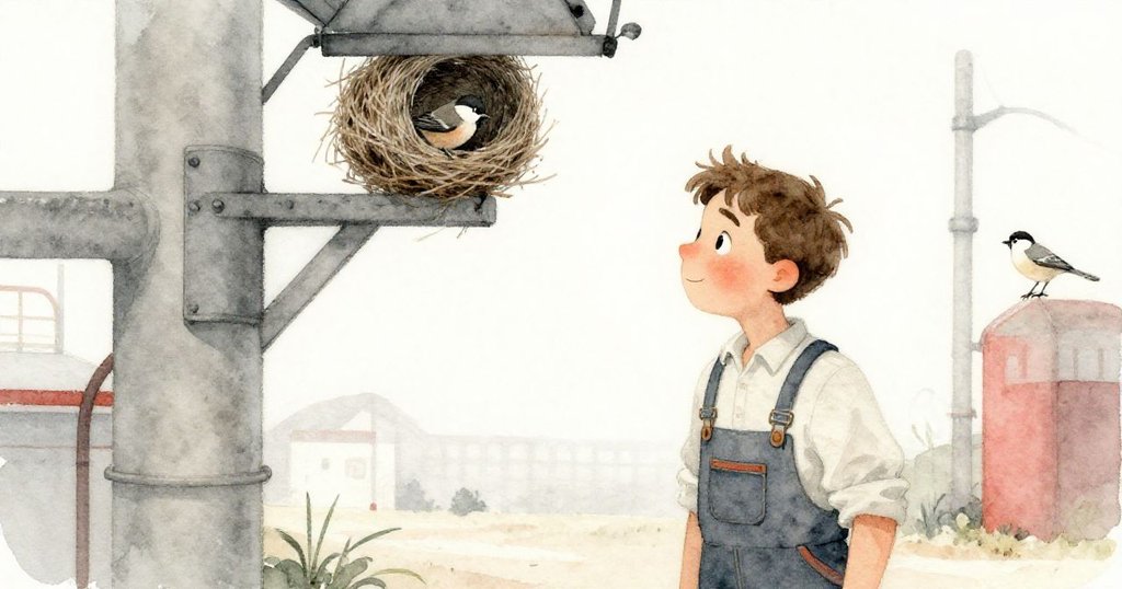 布雷克站在開闊工廠環境中，注視一隻小麻雀安坐於橫樑，旁邊細緻小窩映出一天滿藏微妙魔法的落幕。