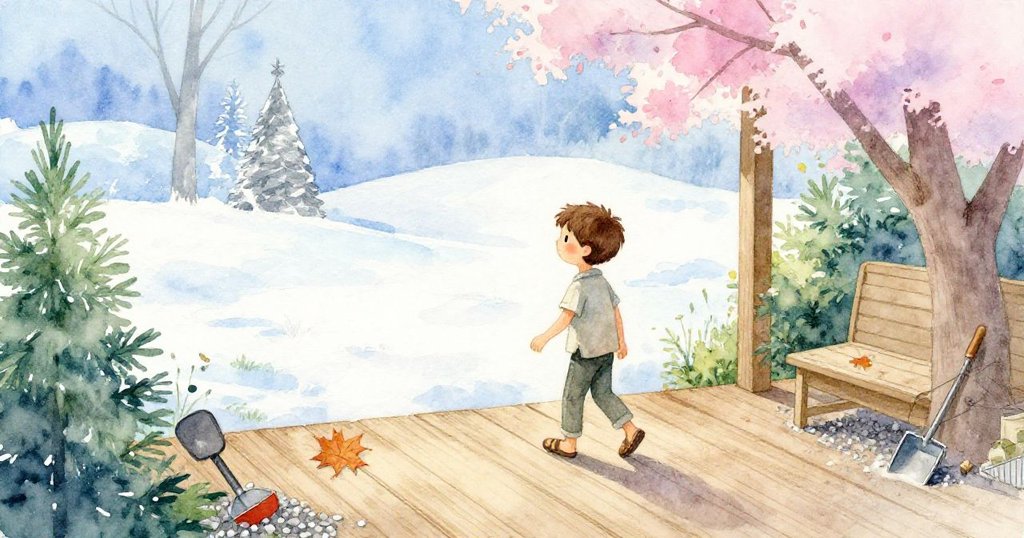 拉斐走上木門廊，清晨的光線中觀察佈滿白色卵石與楓葉的安靜花園，臉上流露著期待與好奇。