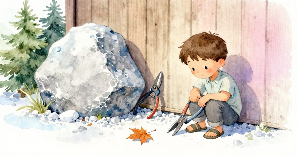 拉斐停下腳步觀察一塊粗糙岩石和帶樹液痕跡的修剪剪刀，一片楓葉靜靜滑過卵石，呈現自然對比之美。