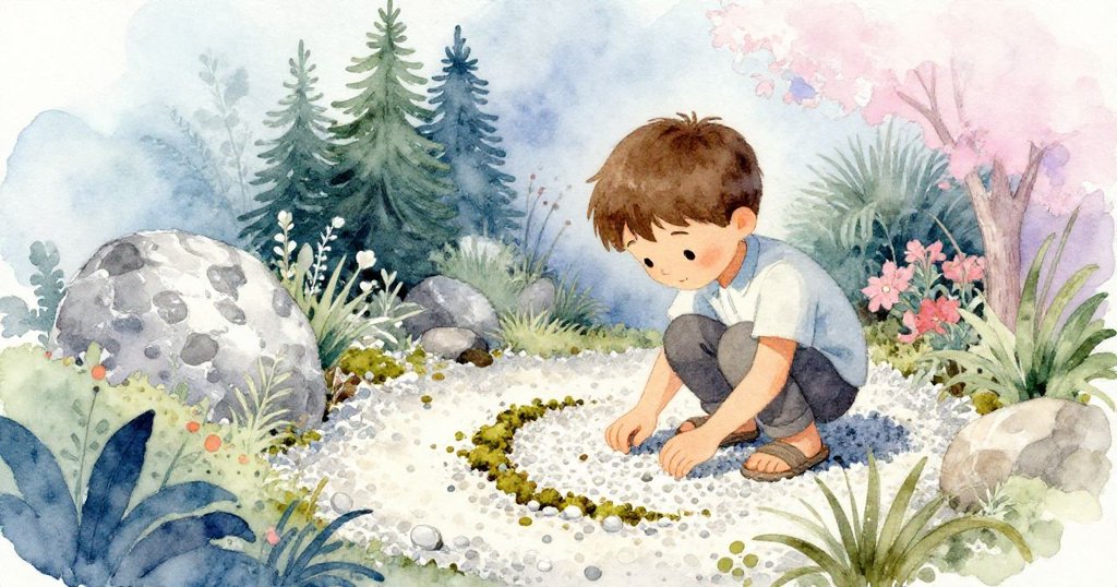 拉斐蹲下細看被耙動後形成的新月卵石，身處隱蔽角落中感受花園秘密質感，神情專注而柔和。