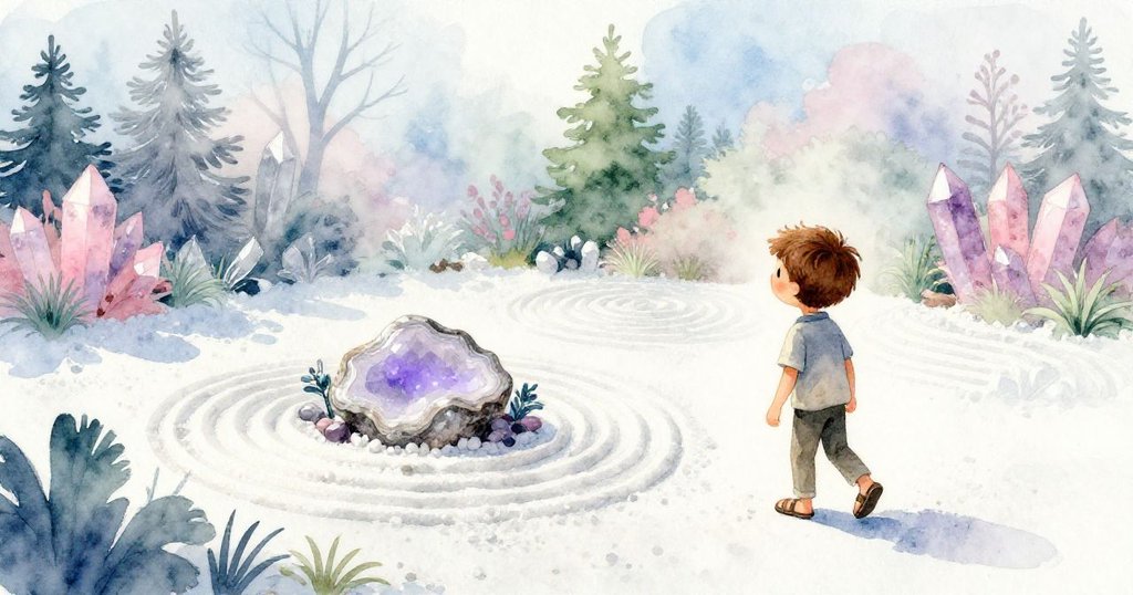 拉斐退後欣賞重新耙出的卵石曲線與嵌於其中的淡紫水晶碎片，廣闊花園透露出持續未完的溫柔魔力。