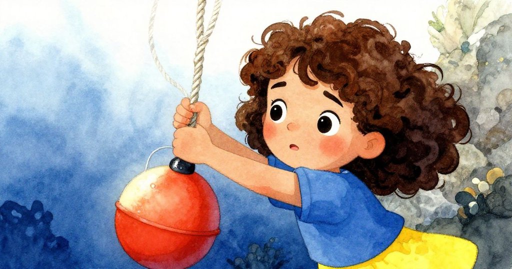 羅莎在水中專注提起錫浮球，面部表情堅定，背景細膩呈現石灰岩與海底紋理，充滿決心與動感。