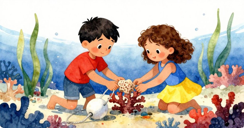 米爾斯與羅莎在水中協作，小心插入碎珊瑚壓低金屬聲，海草輕舞映襯共同守護珊瑚礁的情景。