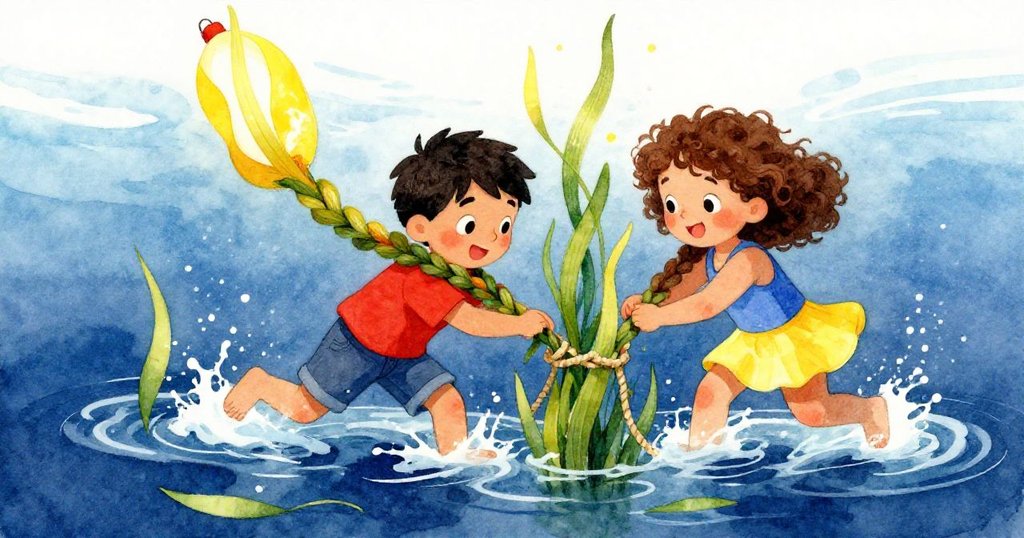 米爾斯與羅莎蹲於膝水中，迅速編織海草繫緊繩索，動感十足展現協作精神，水流與海草互動生動。