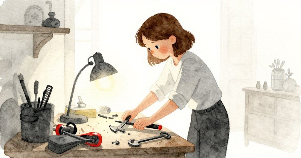 Eve正於昏黃燈光下整理零碎物品,背影明亮、工作坊內呈現溫暖忙碌氣氛,情緒專注而平靜。