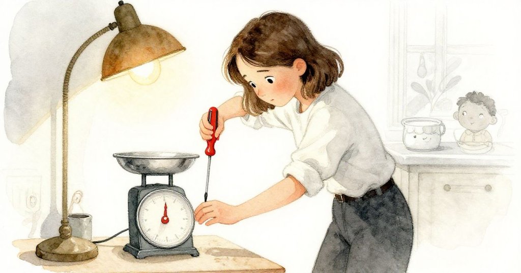 Eve低角度鏡頭下用螺絲刀試圖修復搖晃的廚房秤,表情專注中帶著微微不悅,工作場景細膩呈現。