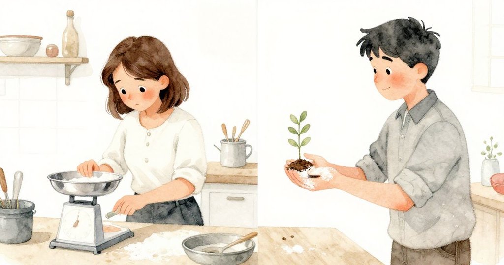 Eve正苦奮修理秤器,畫面分割顯示Luke從後門進入,袖子沾滿麵粉,溫柔提供備用彈簧兩人互助情景。