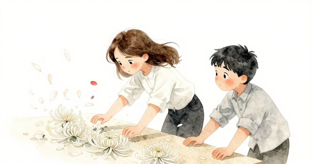 隨著脆弱碎片脫落,淡色菊花花瓣於桌上飛舞,Eve與Luke迅速反應展現忙碌且輕快救援動作。