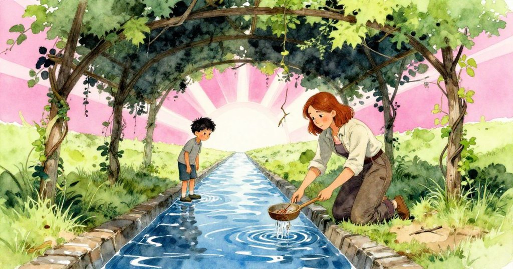 Vera在拱橋下注視,一名男孩跪在灌溉渠邊用木盤撿拾樹枝,陽光穿透藤蔓灑下,場景充滿霓虹粉與電藍光影。