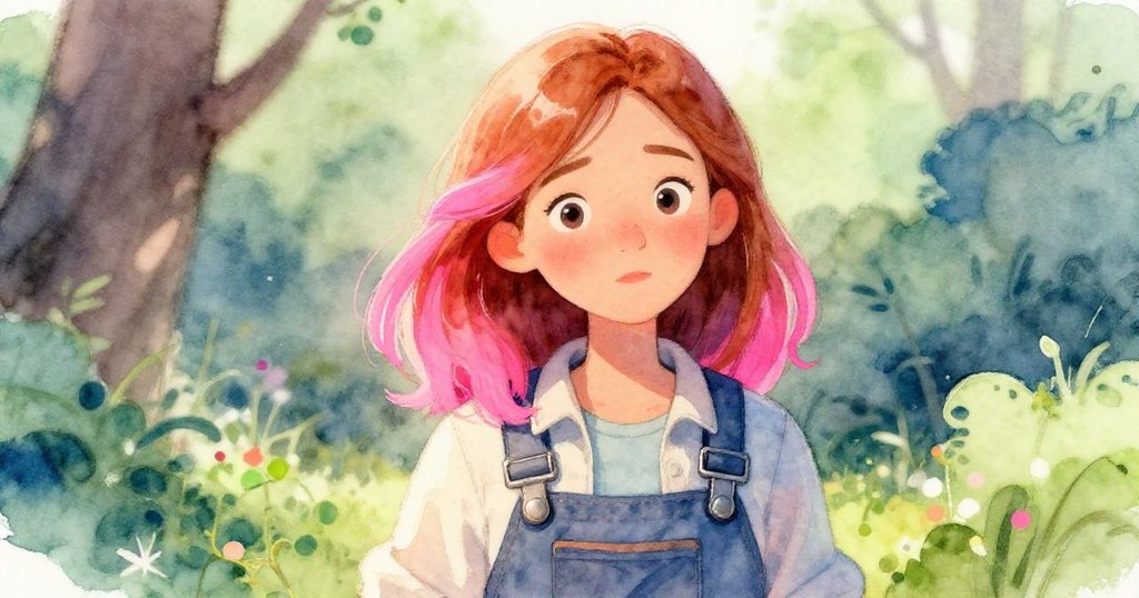 Vera面部特寫,眼神中流露驚奇與沉思,柔和陽光與霓虹粉光影映襯背景藤蔓朦朧。