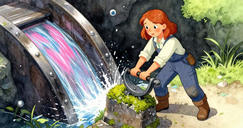 從高處俯瞰,Vera專注按壓覆苔鐵閥,水花四濺出電藍與霓虹粉光影,畫面呈現自然細膩質感。