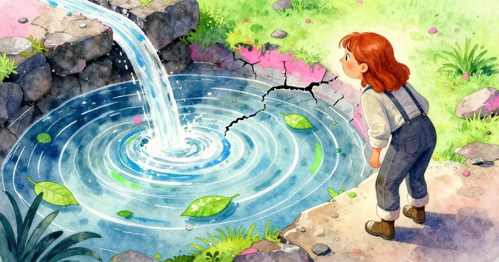 Vera登上堤岸高處眺望,見水流經古石牆進入破損泳池,葉隨水旋舞,光影中透出霓虹粉與電藍色澤。