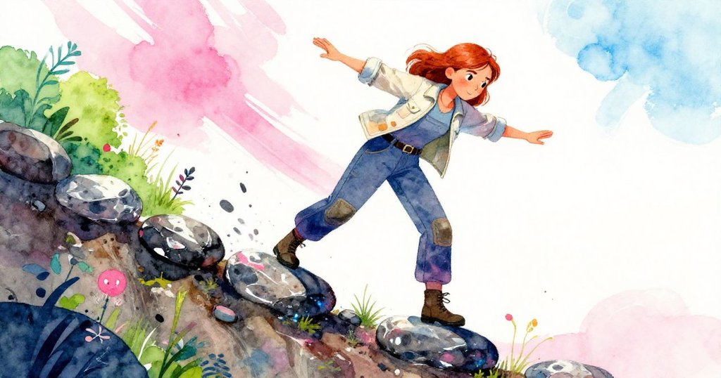 Vera在崎嶇堤岸上小心跨步,動態捕捉她平衡於不平石間,背景展現霓虹粉與電藍光影,流露堅定神情。