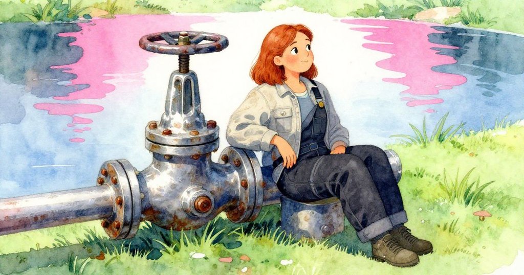 Vera靜立於鏽蝕閥門旁休憩,輕觸閥柄,凝視水池中霓虹粉與電藍反光,心境平和溫柔。