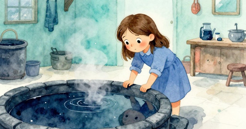 Ruby在古老石板上用竹竿輕輕將棉布浸入深暗桶中，倒影中流露出冷暖交織的神秘與專注。