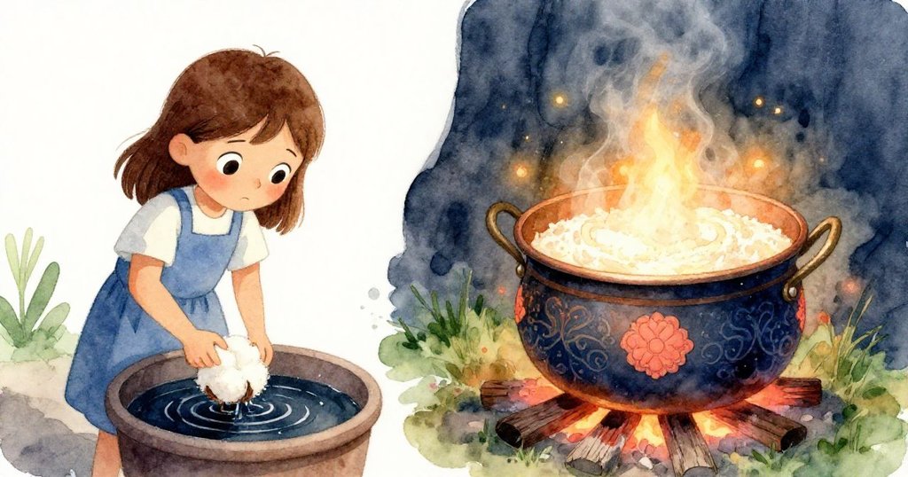 Ruby正專注地將布角浸入染桶，畫面右側展示銅鍋上炭火煨煮著濃稠米糊，雙場景傳達創作與溫暖準備的情感。