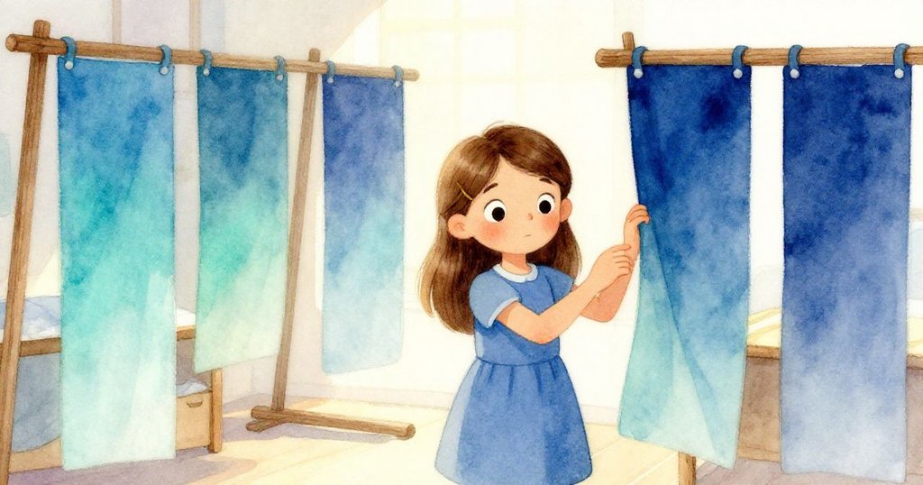 Ruby在布滿木架和漸變藍色橫幅的房間中調整動作，神情堅定，室內燈光溫暖，呈現出專注與希望的氛圍。