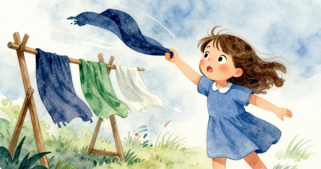 Ruby在突如其來的風中迅速調整動作，面露堅定與驚訝，晾掛的圍巾隨風飛舞，展現出瞬間的動感與專注。