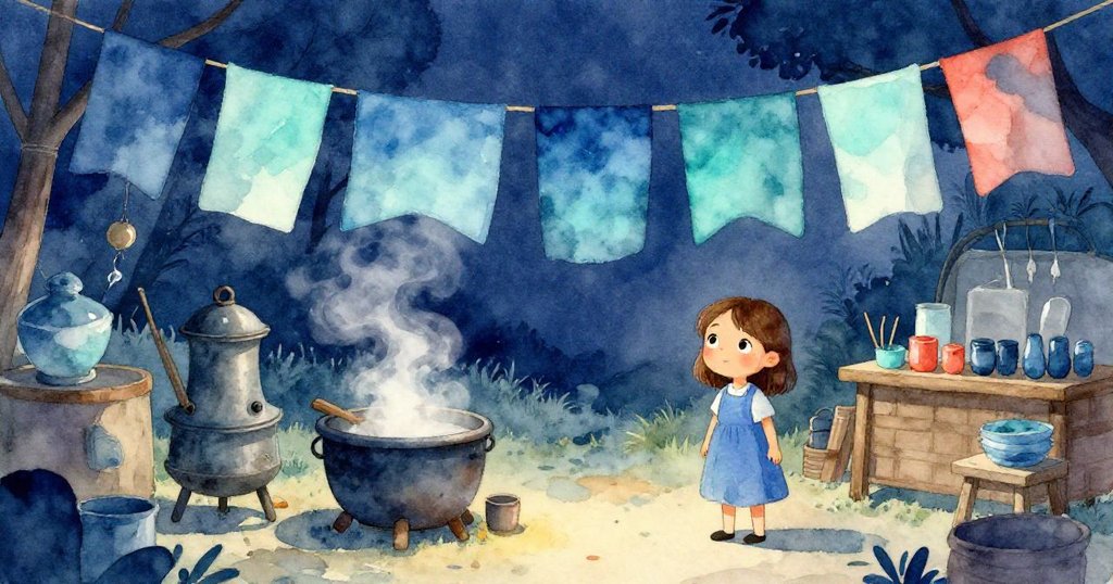 傍晚染坊中，Ruby靜靜凝視著滲著水珠的石板和新染成靛藍的布料，風箱和藍色橫幅在柔和光線下顯得平和而美好。