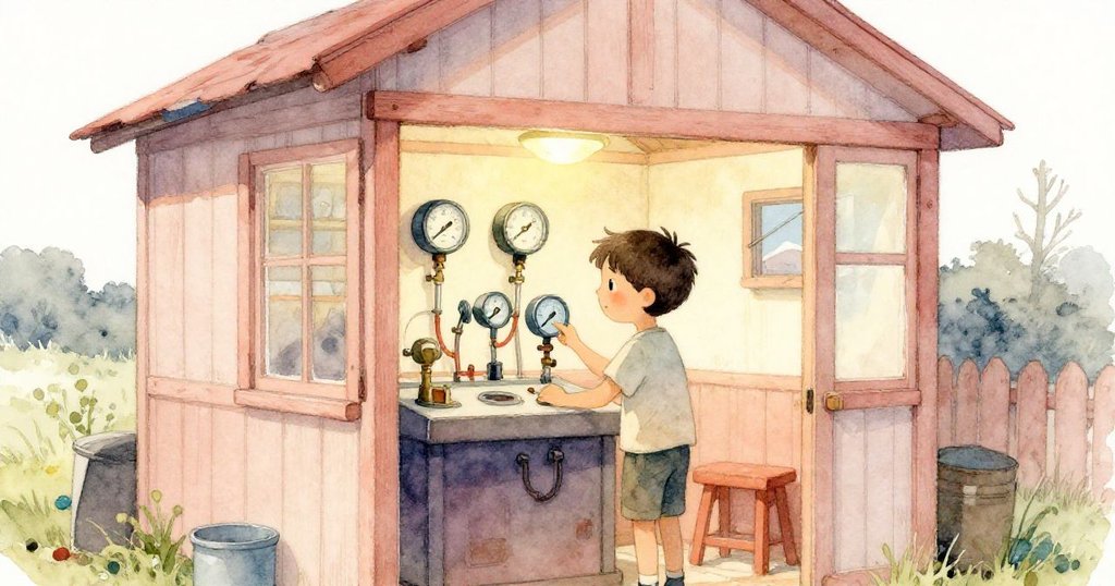 Cole 在小棚內認真檢查水流儀表, 溫暖燈光映襯出古樸儀器, 散發出專注與解決問題的氣氛.