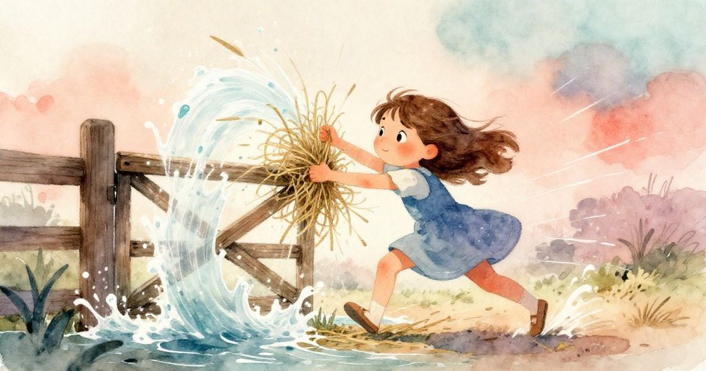 Ruby 奮力解開糾纏在木門旁的稻草, 在湍流中展現堅毅神情, 夕陽光影下動感十足, 彷彿迎接新挑戰.