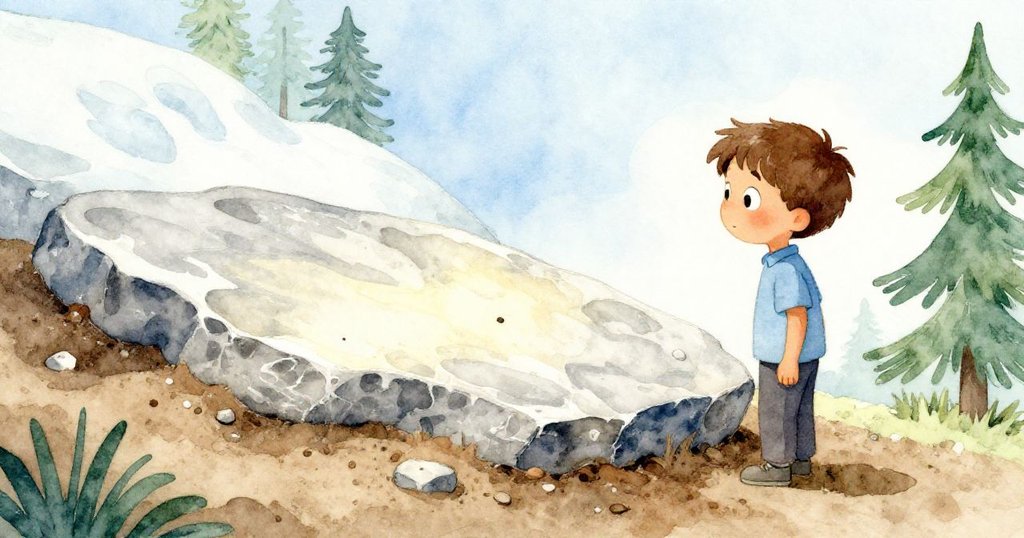 Theo站在陽光燦爛的化石床邊，凝視著石板上微顫黑點，神情專注且平靜，環境充滿遠古韻味