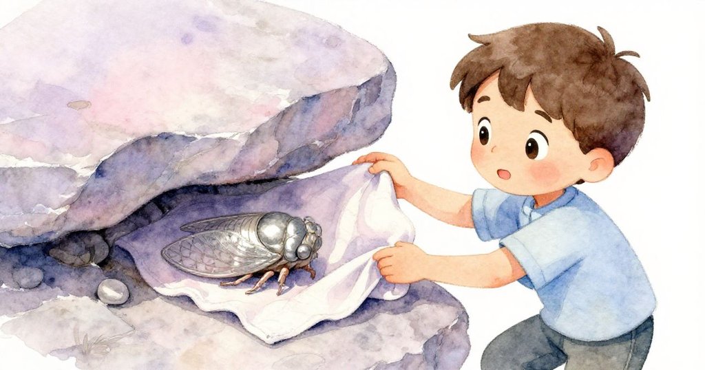 Theo小心將摺好布料塞入傾斜石板下，專注觀察附著著古老印痕的空蟬蛻，細節豐富情感專注