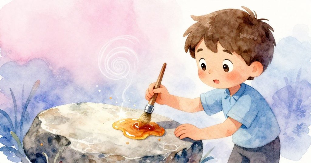 Theo專注運筆輕刷發光樹脂表面，細小塵埃彷彿水中漂浮，畫面散發出神秘與夢幻氛圍