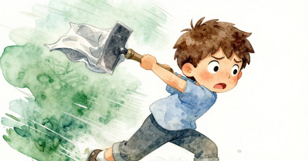 Theo憑著迅捷動作急速抓住隨風飛舞的鐵鎚與布料，臉上流露出驚慌與堅定，背景風起塵飛