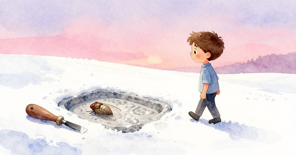 Theo在柔和夕陽下緩步離開化石床，身後鐵鎚與空蟬蛻並列，象徵古今交織，情感深沉寧靜