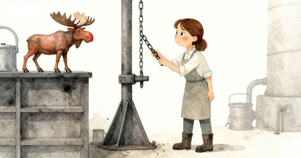 Tess在工廠內仔細檢查鐵梁上輕微震動的鏈條與空缺的青銅駿鹿見證,好奇與關注情緒顯露。