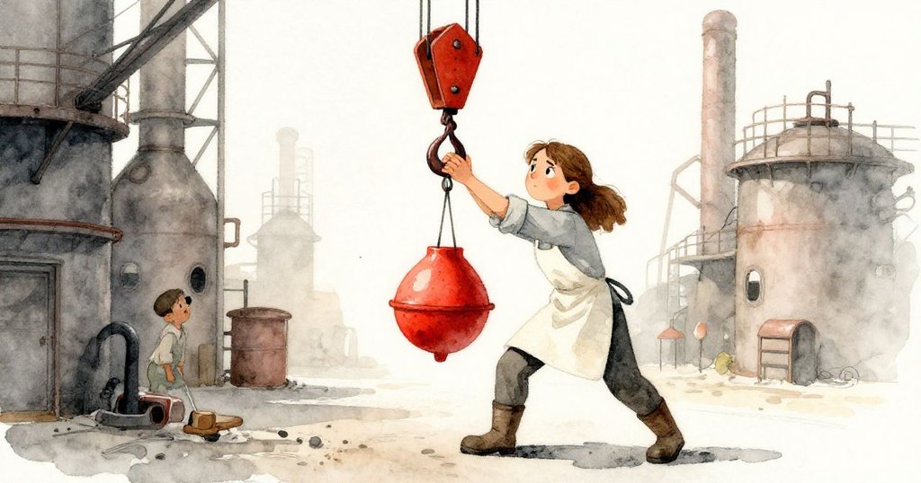 Tess於工廠內穩定懸掛吊鉤,隨著橙光逐漸消退,背景工業機械呈現時間流逝氛圍。