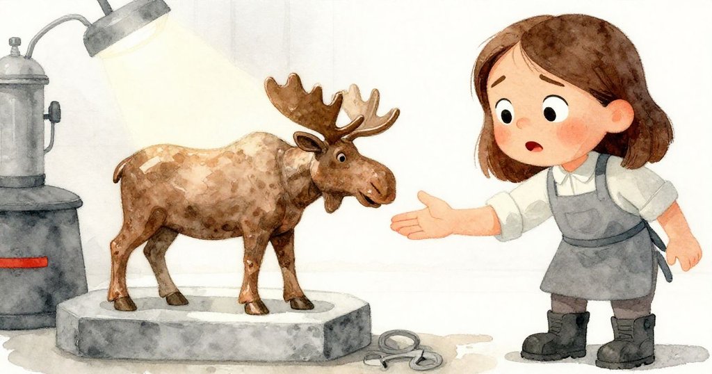 Tess近距離檢查鑄模內雕塑青銅駿鹿細節,燦爛光線照射下眼神驚喜,展現發現奇蹟瞬間。