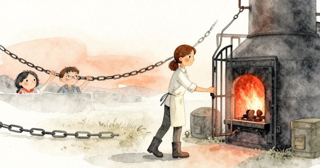 Tess輕撫袖子除去青銅粉塵,溫柔關閉熔爐門後平靜離開工廠,留下溫暖橙光與靜謐場景。