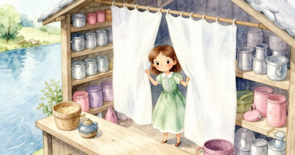 Flora在河邊小酒館上方古舊儲藏室中，從鳥瞰角度穿越白布，神情專注，場景充滿柔和光影與神秘氣息