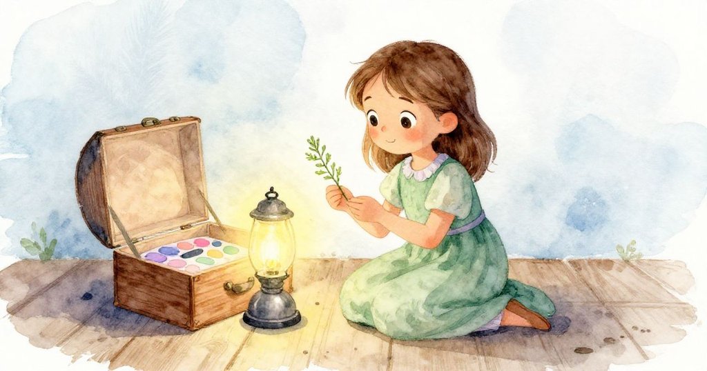 Flora蹲在舊地板上，輕觸開放的木盒與香草枝，神情專注發現新奇，溫暖燈光映照細節