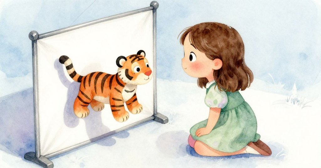 Flora在俯視角下仔細觸摸虎偶，雙重影子映在木地板上，表情中流露出驚奇與認真探索的情感