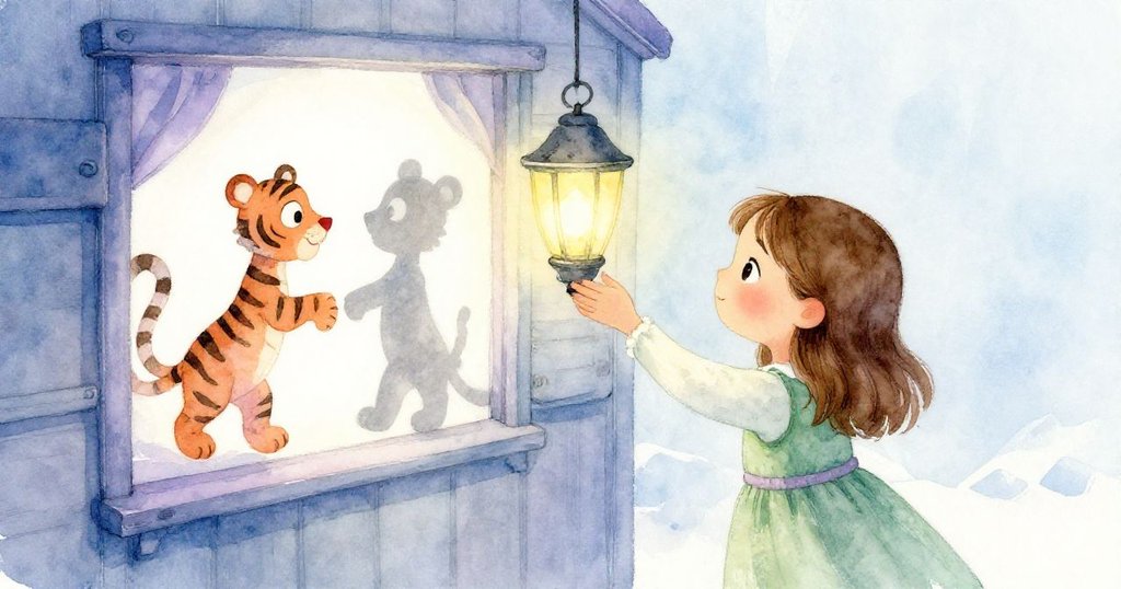 Flora調燈時銀藍與淡紫色交融，白布上顯現雙虎影，喚起昔日記憶與溫柔神秘感